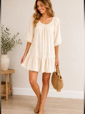 By the River Cream Gauze Tiered Mini Dress Puff Sleeve Boho NWT Size S